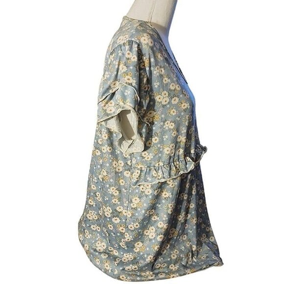 Floral Blue V-Neck Top W/Ruffle Waist Detail Short Sleeves -SZE: XL - Picture 3 of 3